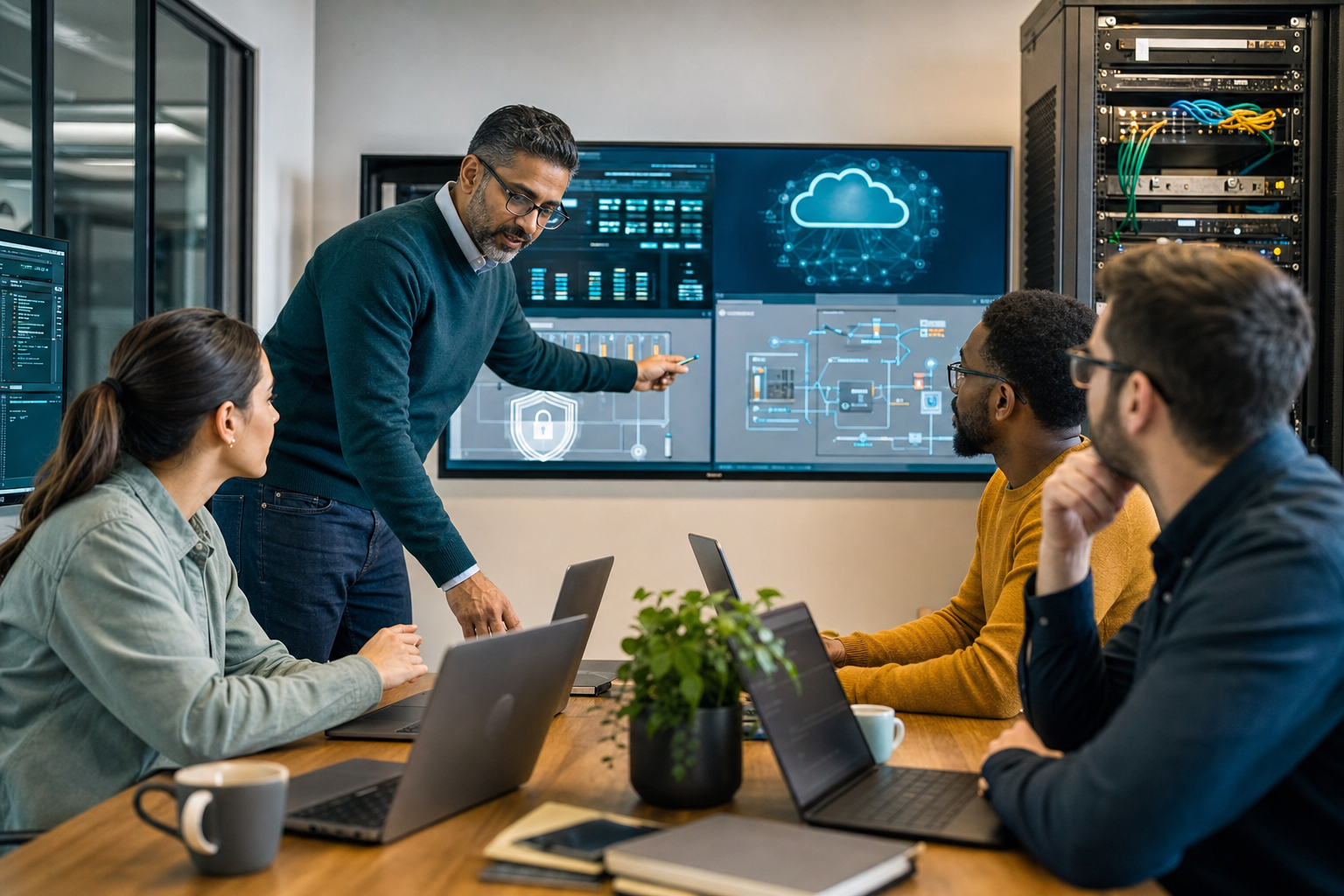 IT consultant collaborating with a business team on cybersecurity and network planning