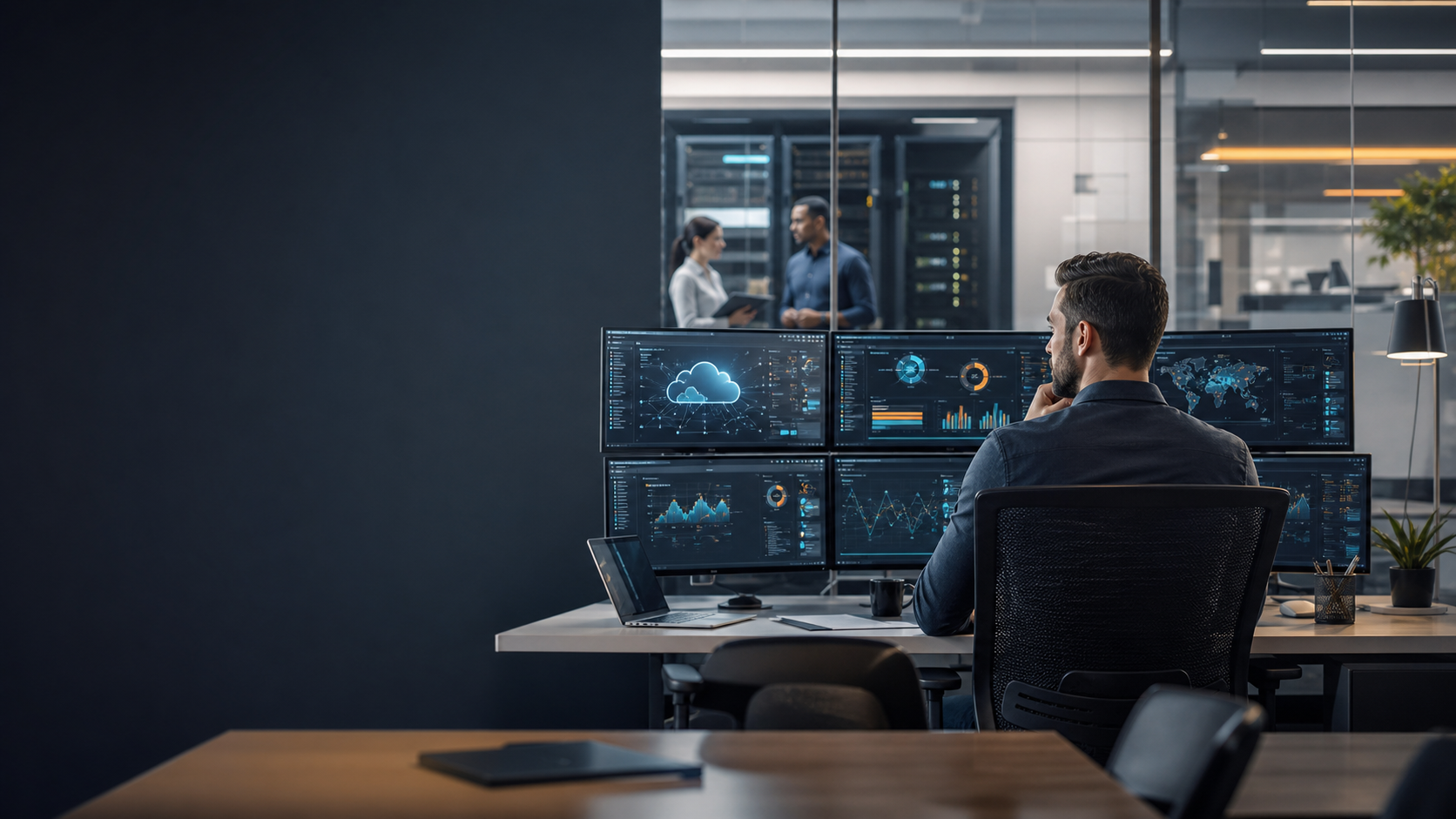 Modern IT consulting workspace with secure cloud and network dashboards